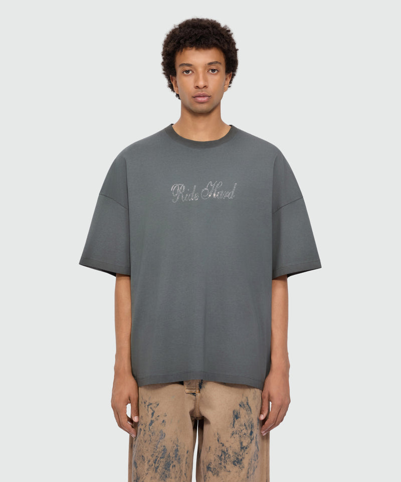 Anthracite grey short-sleeve cotton jersey T-shirt with rhinestone lettering on the front 98 Uomo 