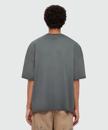 Anthracite grey short-sleeve cotton jersey T-shirt with rhinestone lettering on the front