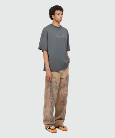 Anthracite grey short-sleeve cotton jersey T-shirt with rhinestone lettering on the front