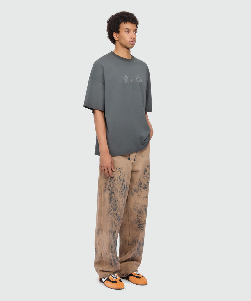 Anthracite grey short-sleeve cotton jersey T-shirt with rhinestone lettering on the front 98 Uomo 