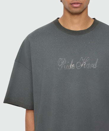 Anthracite grey short-sleeve cotton jersey T-shirt with rhinestone lettering on the front