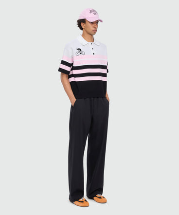 Black cotton knit polo shirt with jacquard detailing