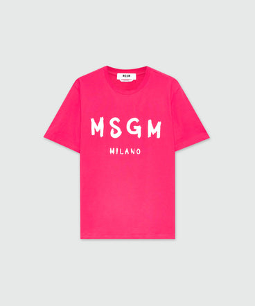 Pink short-sleeve cotton jersey T-shirt with brushed logo on the front