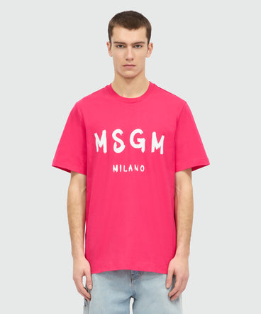 Pink short-sleeve cotton jersey T-shirt with brushed logo on the front