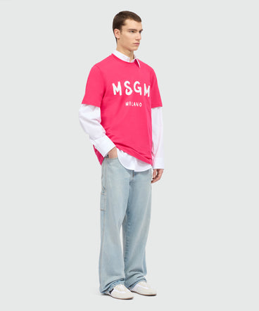 Pink short-sleeve cotton jersey T-shirt with brushed logo on the front