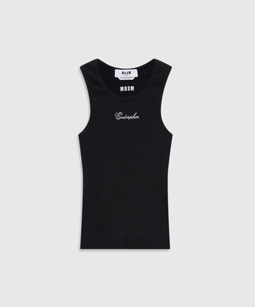Black cotton ribbed tank top with front embroidery