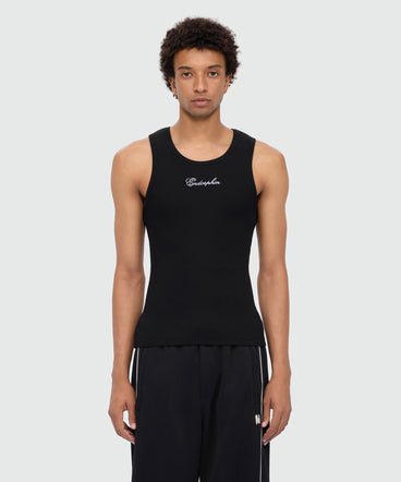 Black cotton ribbed tank top with front embroidery