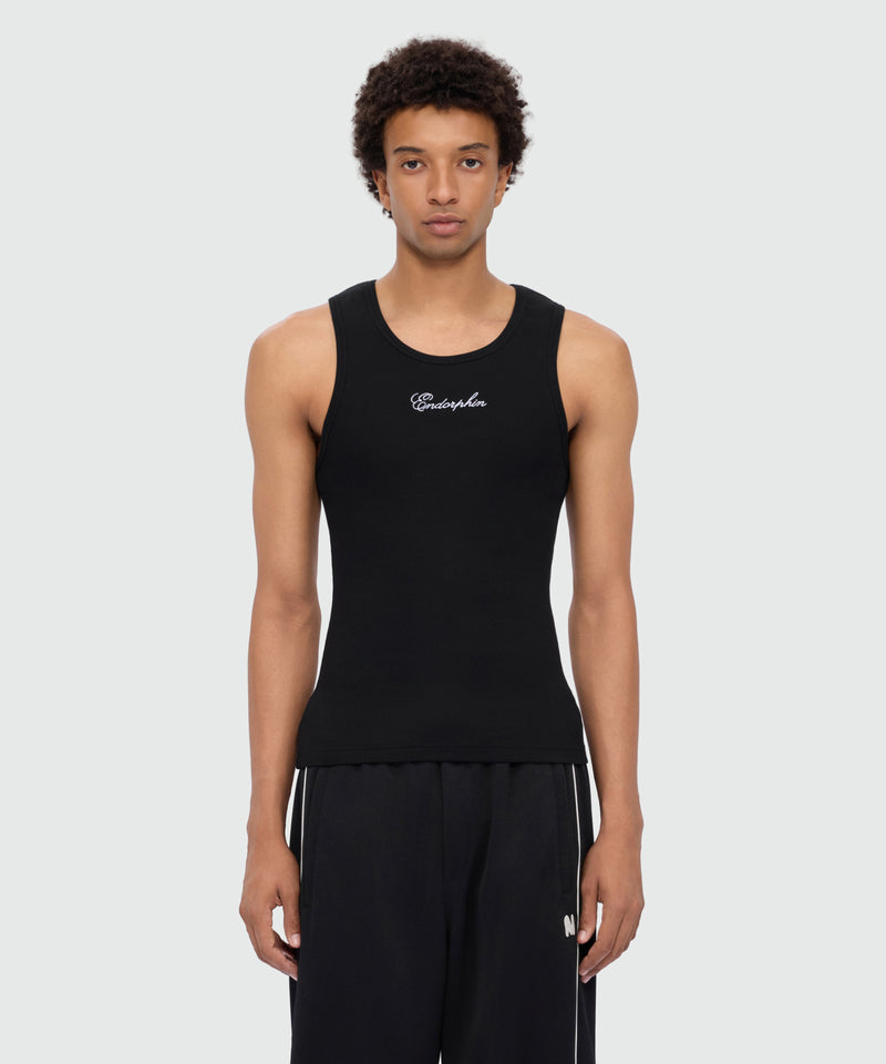 Black cotton ribbed tank top with front embroidery 99 Uomo 