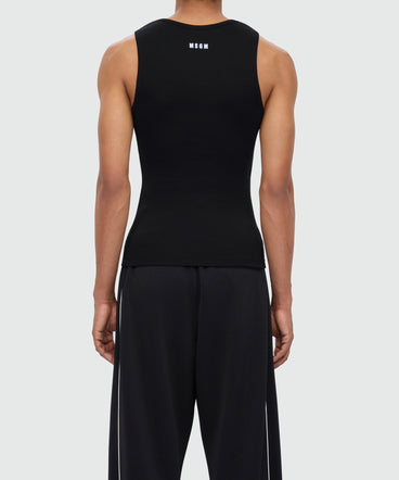 Black cotton ribbed tank top with front embroidery