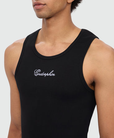 Black cotton ribbed tank top with front embroidery