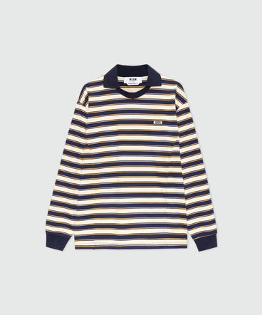 Blue striped long-sleeve cotton jersey T-shirt with chest logo