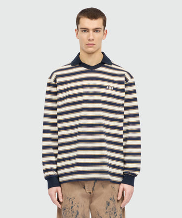 Blue striped long-sleeve cotton jersey T-shirt with chest logo