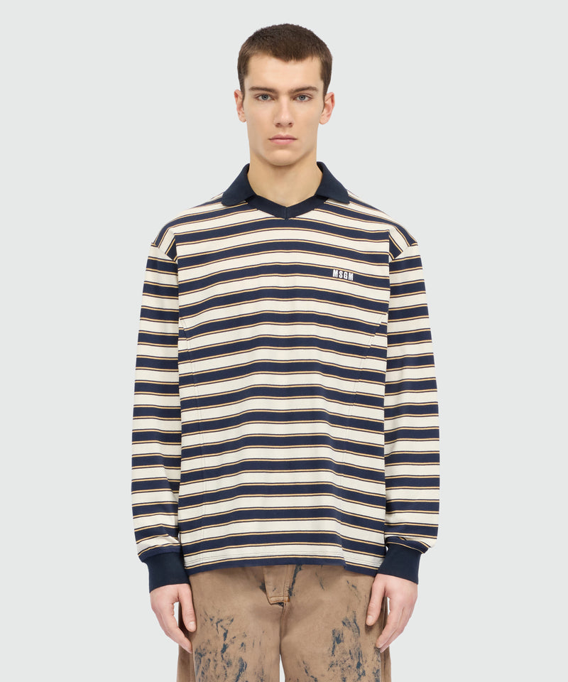 Blue striped long-sleeve cotton jersey T-shirt with chest logo 02 Uomo 