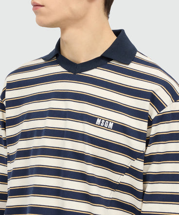 Blue striped long-sleeve cotton jersey T-shirt with chest logo