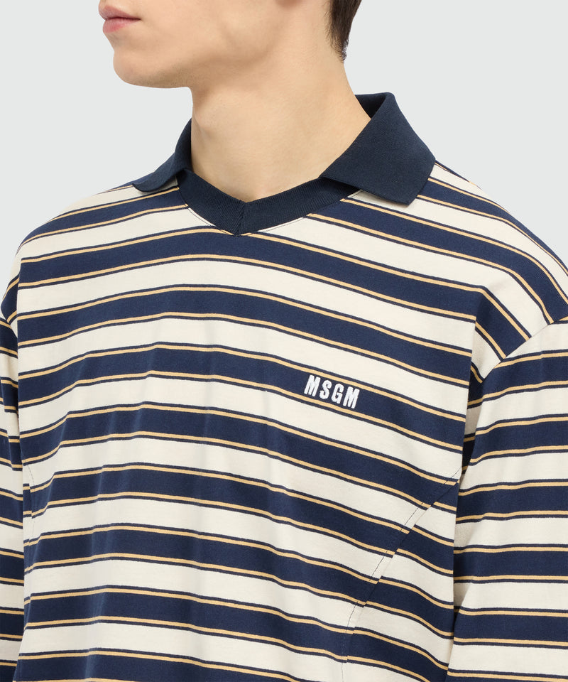 Blue striped long-sleeve cotton jersey T-shirt with chest logo 02 Uomo 