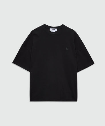 Black short-sleeve cotton jersey T-shirt with embroidered chest logo