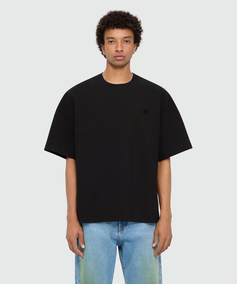 Black short-sleeve cotton jersey T-shirt with embroidered chest logo 99 Uomo 