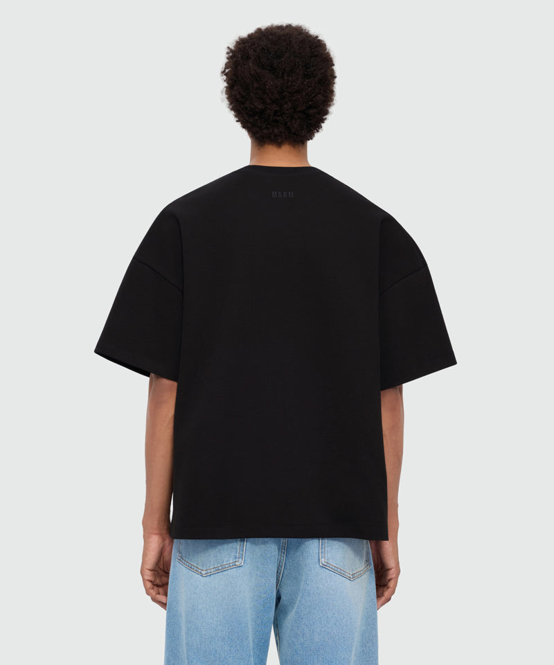 Black short-sleeve cotton jersey T-shirt with embroidered chest logo 99 Uomo 