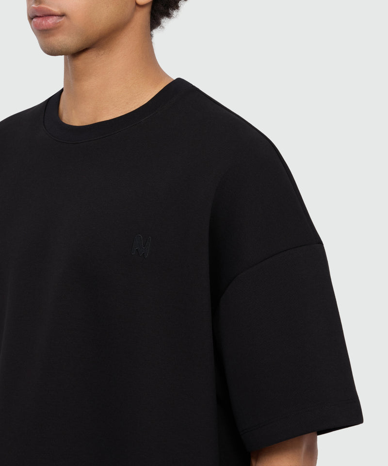 Black short-sleeve cotton jersey T-shirt with embroidered chest logo 99 Uomo 