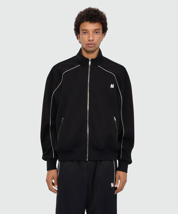 Black double pique sweatshirt with contrast inserts and MWAVE embroidery on the chest