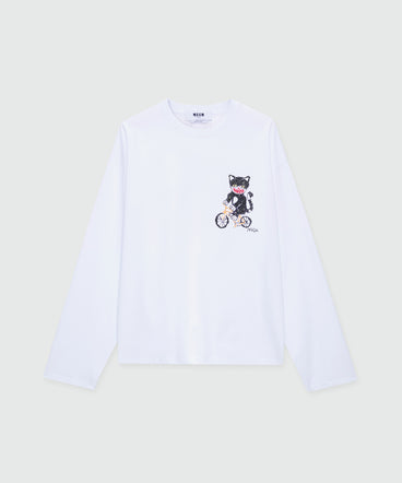 White long-sleeve cotton jersey T-shirt with chest embroidery