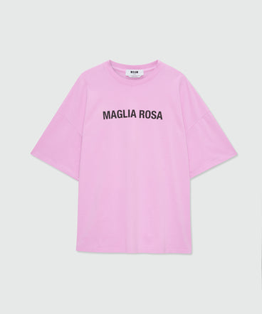 Pink short-sleeve cotton jersey T-shirt with printed quote on the front