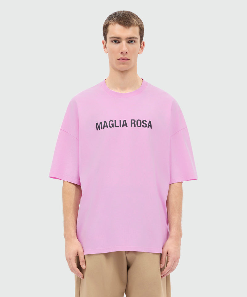 Pink short-sleeve cotton jersey T-shirt with printed quote on the front 12 Uomo 