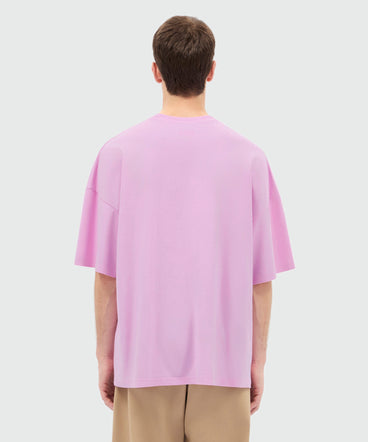 Pink short-sleeve cotton jersey T-shirt with printed quote on the front