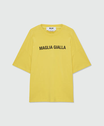 Yellow short-sleeve cotton jersey T-shirt with printed quote on the front