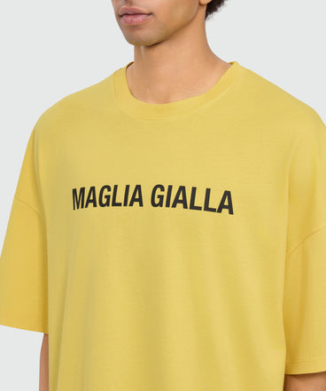 Yellow short-sleeve cotton jersey T-shirt with printed quote on the front