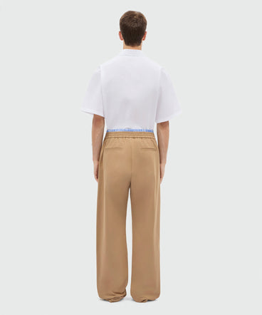 Beige wide-leg cotton gabardine trousers with double elasticated waistband