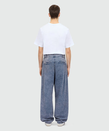 Navy blue cotton poplin trousers with marbled wash and side flap pockets