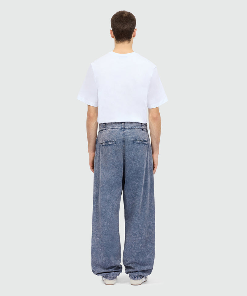 Navy blue cotton poplin trousers with marbled wash and side flap pockets 87 Uomo 