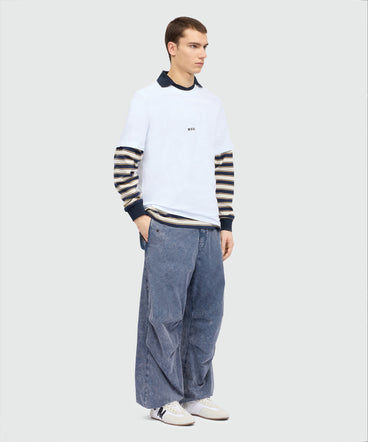 Navy blue cotton poplin trousers with marbled wash and side flap pockets