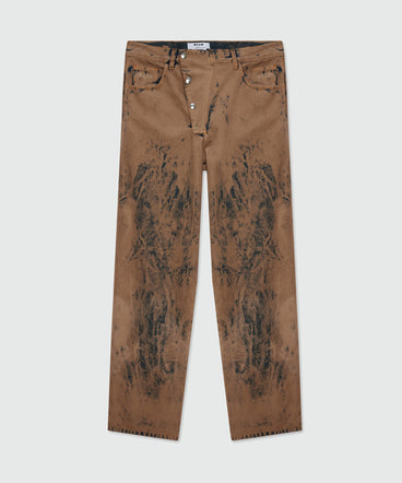 Beige washed denim five-pocket trousers