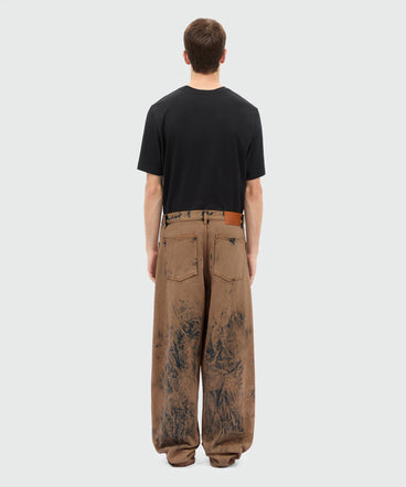 Beige washed denim five-pocket trousers