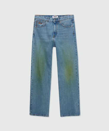 Medium-wash denim trousers with localized distressing, five-pocket design