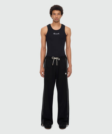 Black double pique trousers with contrast inserts and MWAVE embroidery on the leg