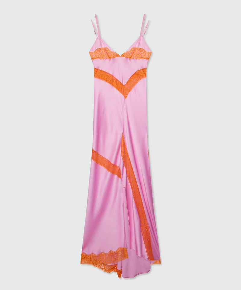 Pink satin long dress with lace inserts Pink satin long dress with lace inserts