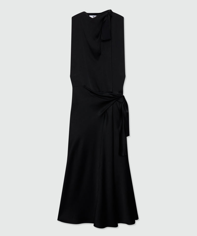 Black satin midi dress with tie belt and pareo effect - MSGM Official Black satin midi dress with tie belt and pareo effect - MSGM Official