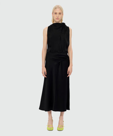 Black satin midi dress with tie belt and pareo effect