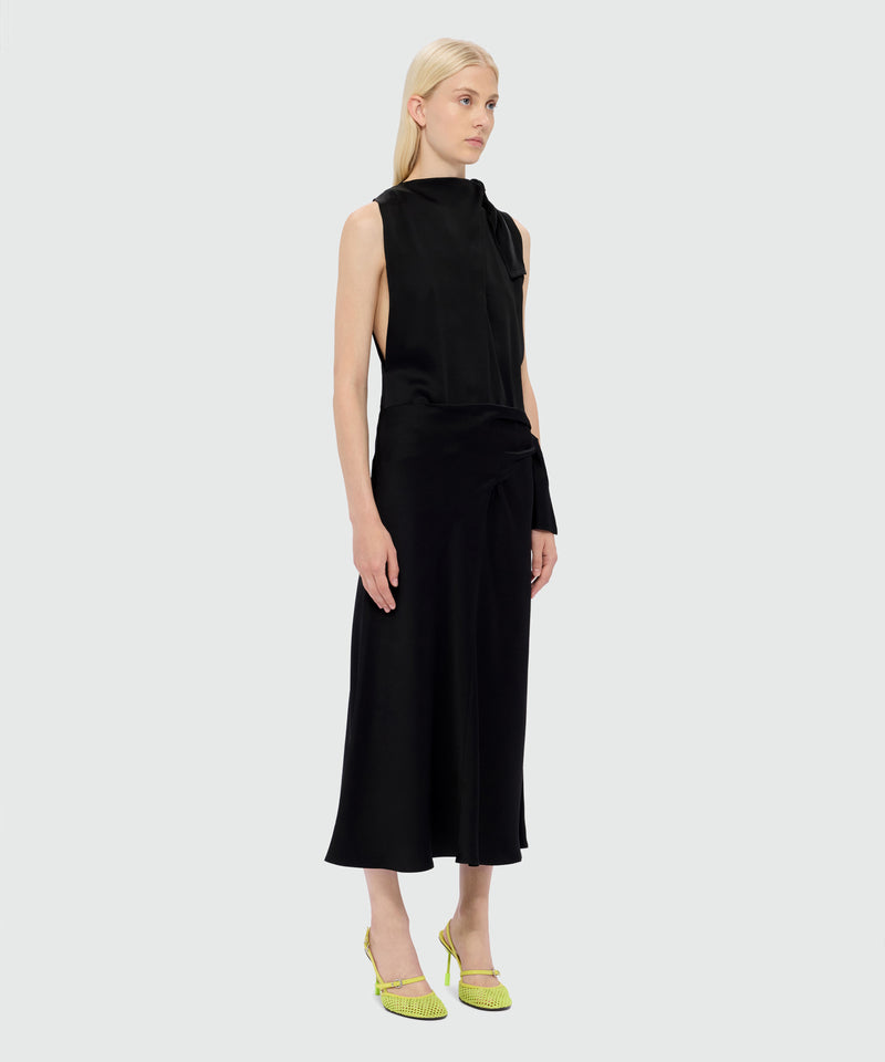 Black satin midi dress with tie belt and pareo effect 99 Donna 