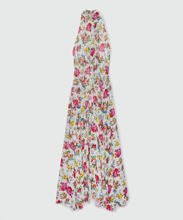 White long viscose georgette dress with floral print and pleated skirt