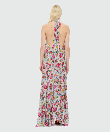 White long viscose georgette dress with floral print and pleated skirt