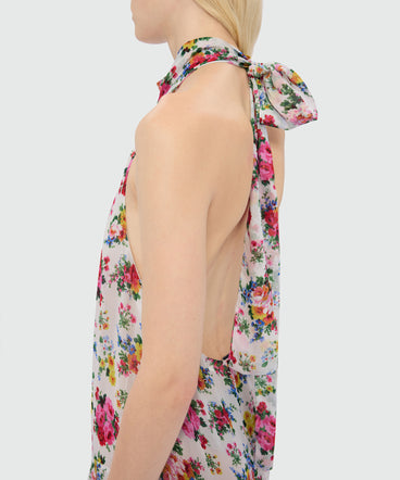 White long viscose georgette dress with floral print and pleated skirt