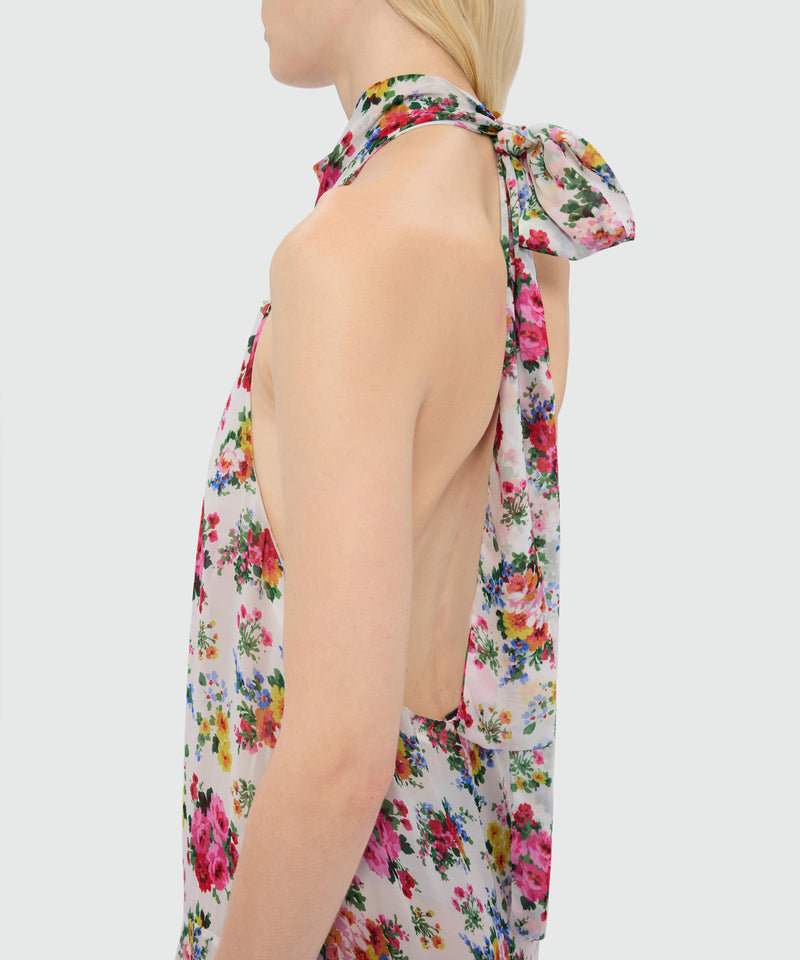 White long viscose georgette dress with floral print and pleated skirt 01 Donna 