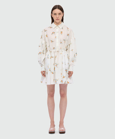 Off-white cotton poplin mini dress with micro floral print