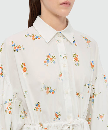 Off-white cotton poplin mini dress with micro floral print