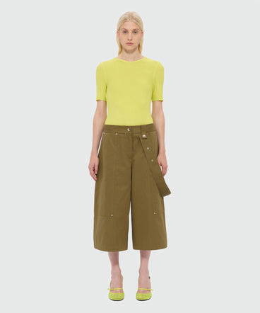 Military green cotton gabardine trousers with patch pockets and removable decorative belt