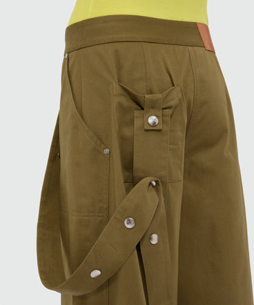 Military green cotton gabardine trousers with patch pockets and removable decorative belt